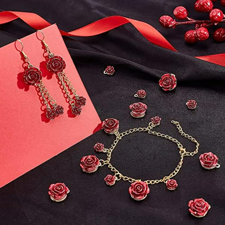 DanLingJewelry 100pcs Enamel Red Rose Charms Alloy Enamel Flower Pendants Mini Rose Charms for Necklace Bracelet Jewelry Making