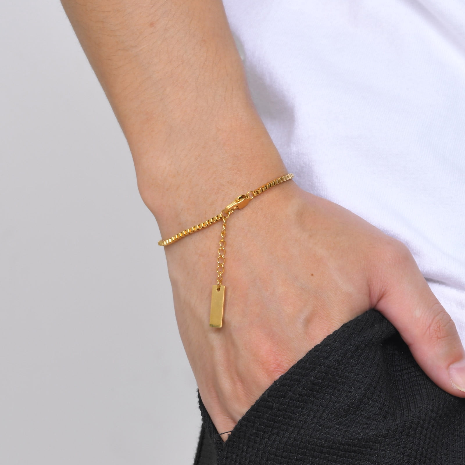 2MM Thin Box Chain 14K Yellow Gold Bracelets for Men Boys,Adjustable Personalized Creative Fashion Chain Links Wristband,Simple Jewelry Gift