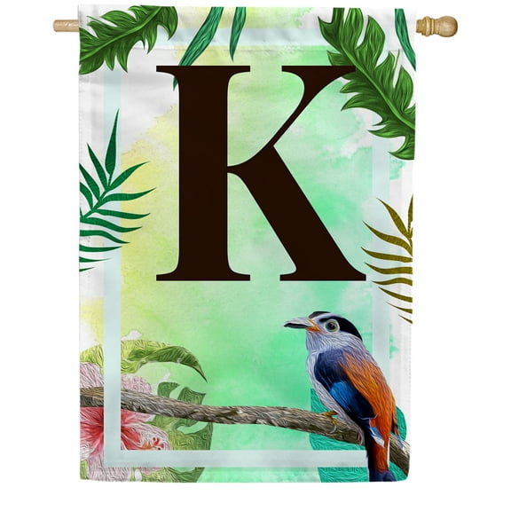America Forever Tropical Bird Summer Monogram House Flag Letter K 28 x 40 inches Parrot Toucan Palm Leaves Double Sided Vertical Outdoor Yard Lawn Decorative Exotic House Flag