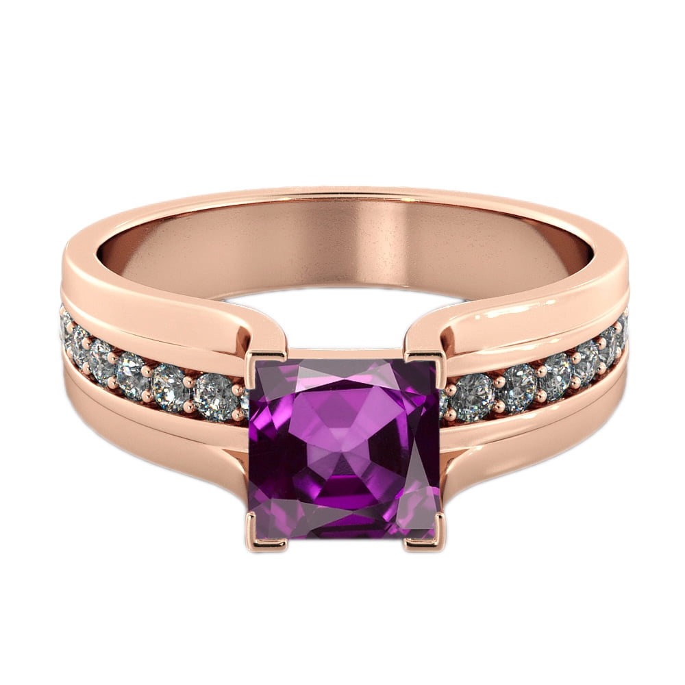 Amethyst 1.20 ctw Ring with Diamonds 14K Rose Gold Bridge Channel set Princess by Diamonds Mine