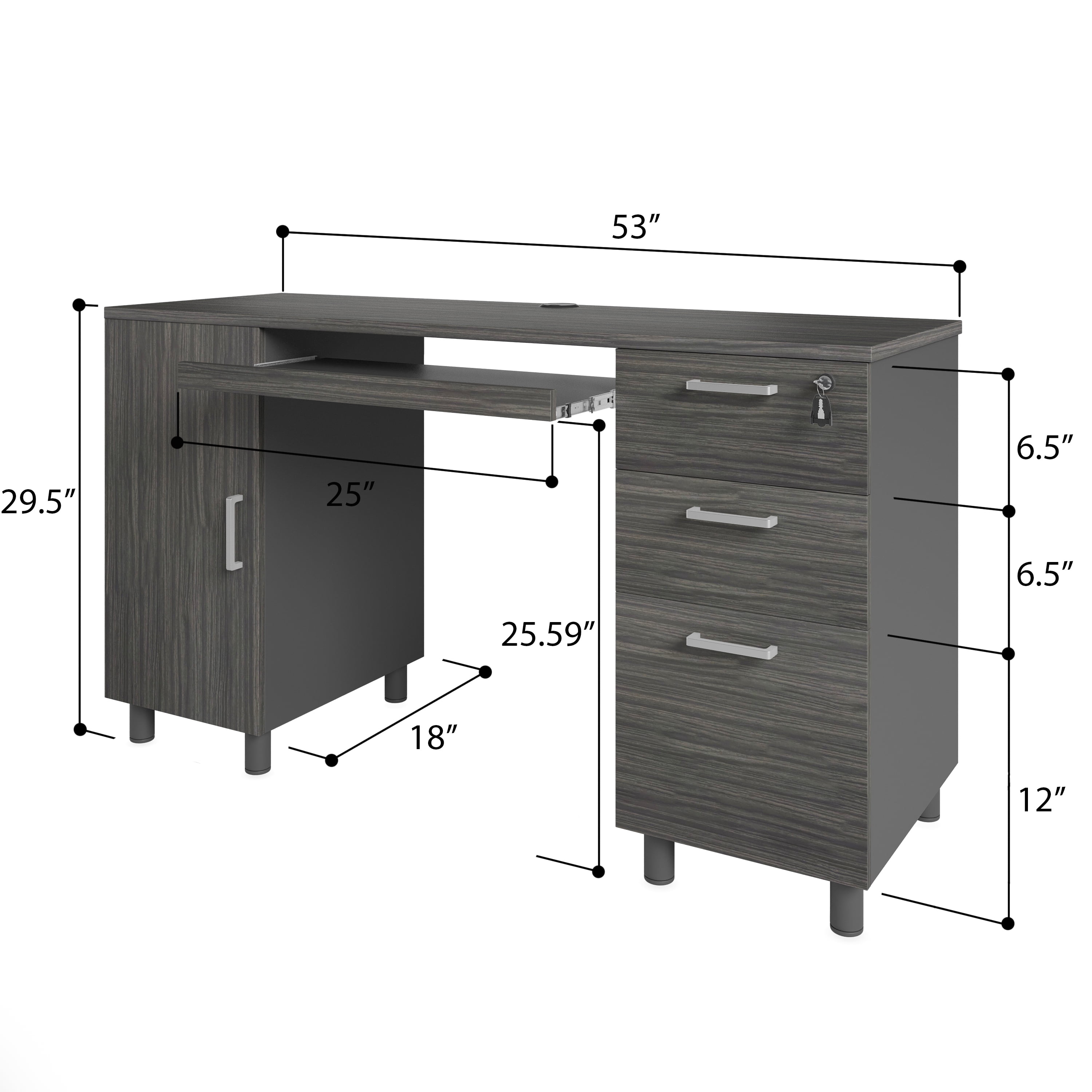 53" White Modern Office Desk With 3 Locking Drawers & Storage Cabinet, Keyboard Tray