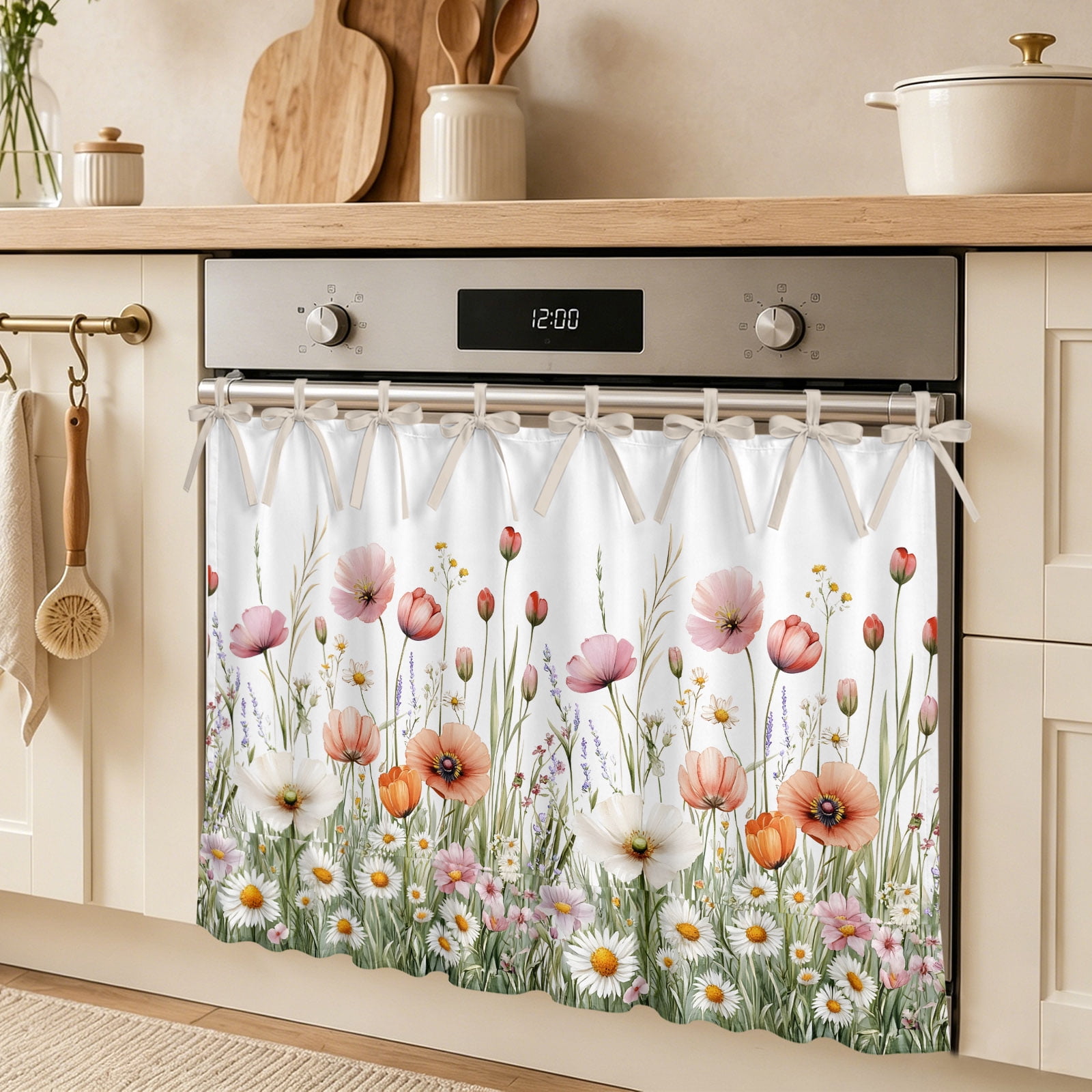 Wildflowers Spring Oven Skirt Curtain Watercolor Pink Flower Plants Tie Top Tier Curtains Stove Dishwasher Skirt Small Window Drapes for Kitchen Bathroom Cafe 27 x20