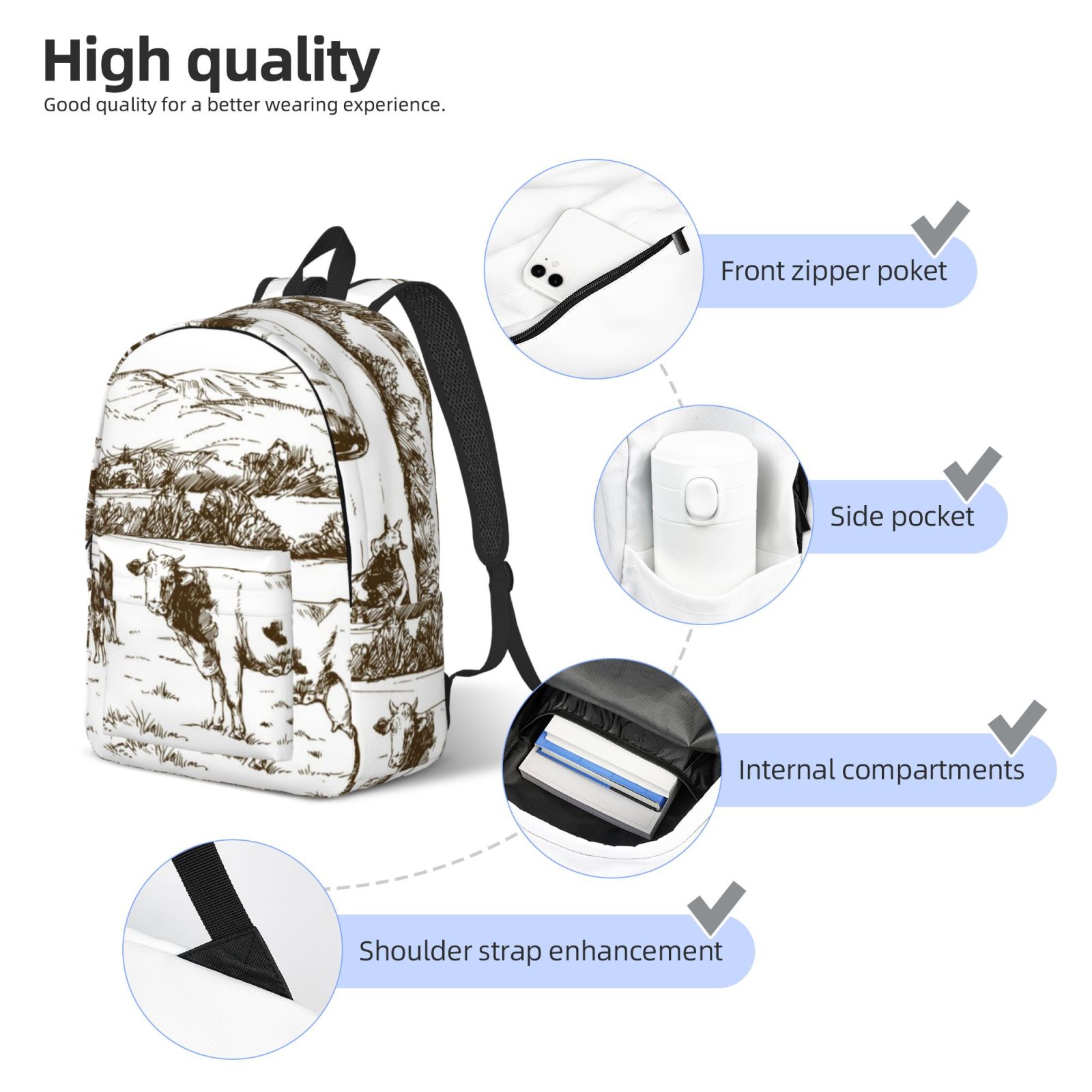 Picia Cows Grazing On The Meadow 2 Printed Canvas Daypack - Stylish and Durable Vintage Compact Backpack - Class, Work, Travel, or Laptop Bookbag,Organized Compartments-Medium