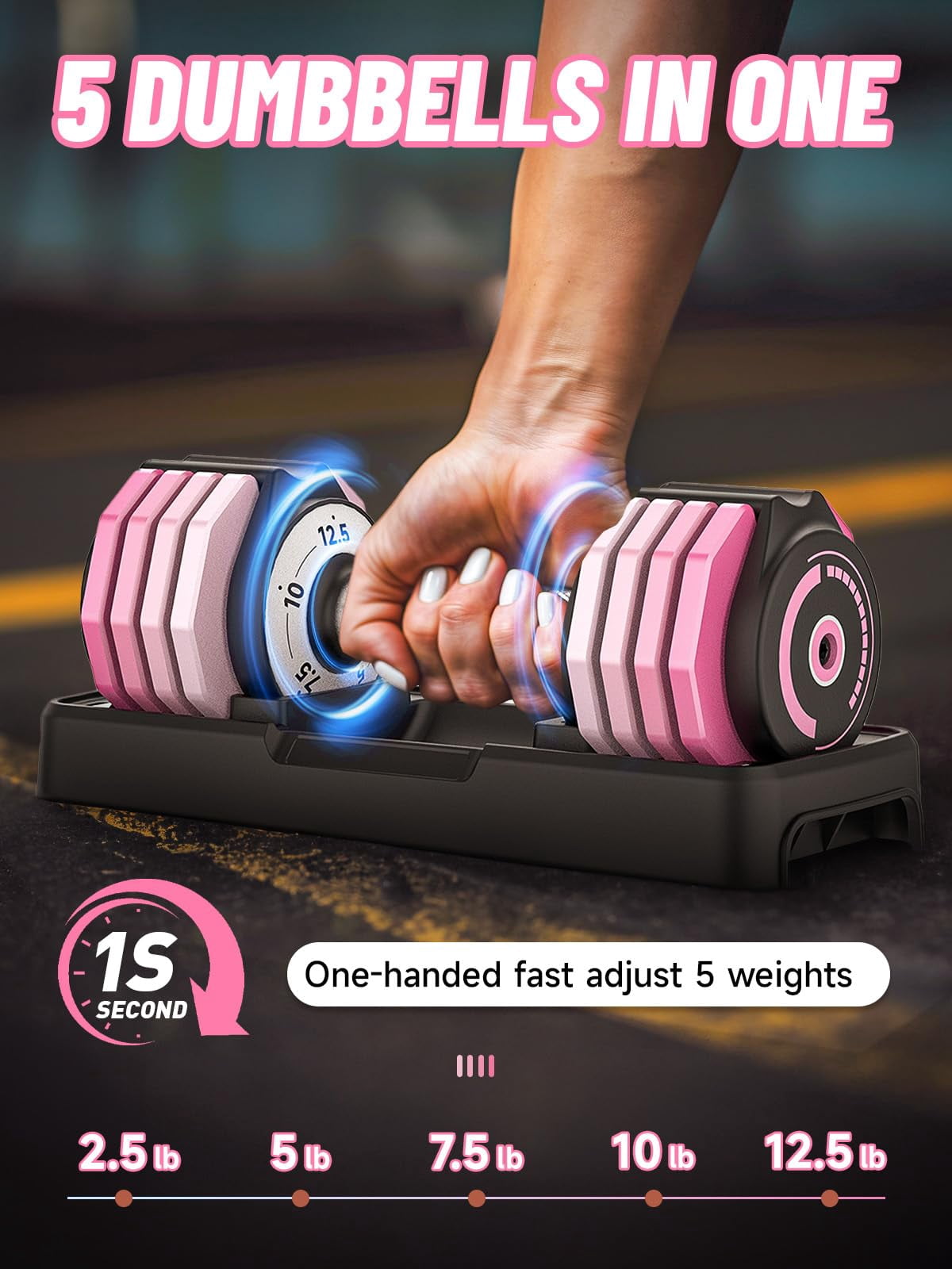 Adjustable Dumbbells Set 12.5lb Pair  1-sec Fast 5 Free Weights Comfort Non-slip Metal Handle Compact Size For Full Body Home Workout