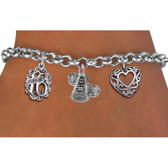 Sweet Sixteen, Antique Floral Design,Cheerleader Megaphone And Poms,Filigree Heart Charms,On A Adjustable Bracelet, Will Fit Everyone. What A Great Gift For Someone You Love.No Nickel, Lead,Or Cadmium