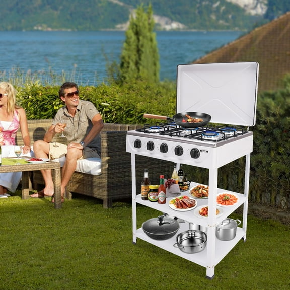 Portable Natural Gas Stove 5 Burners 5 Knobs White Natural Gas Stove, Natural Gas Stove with 5 Burners