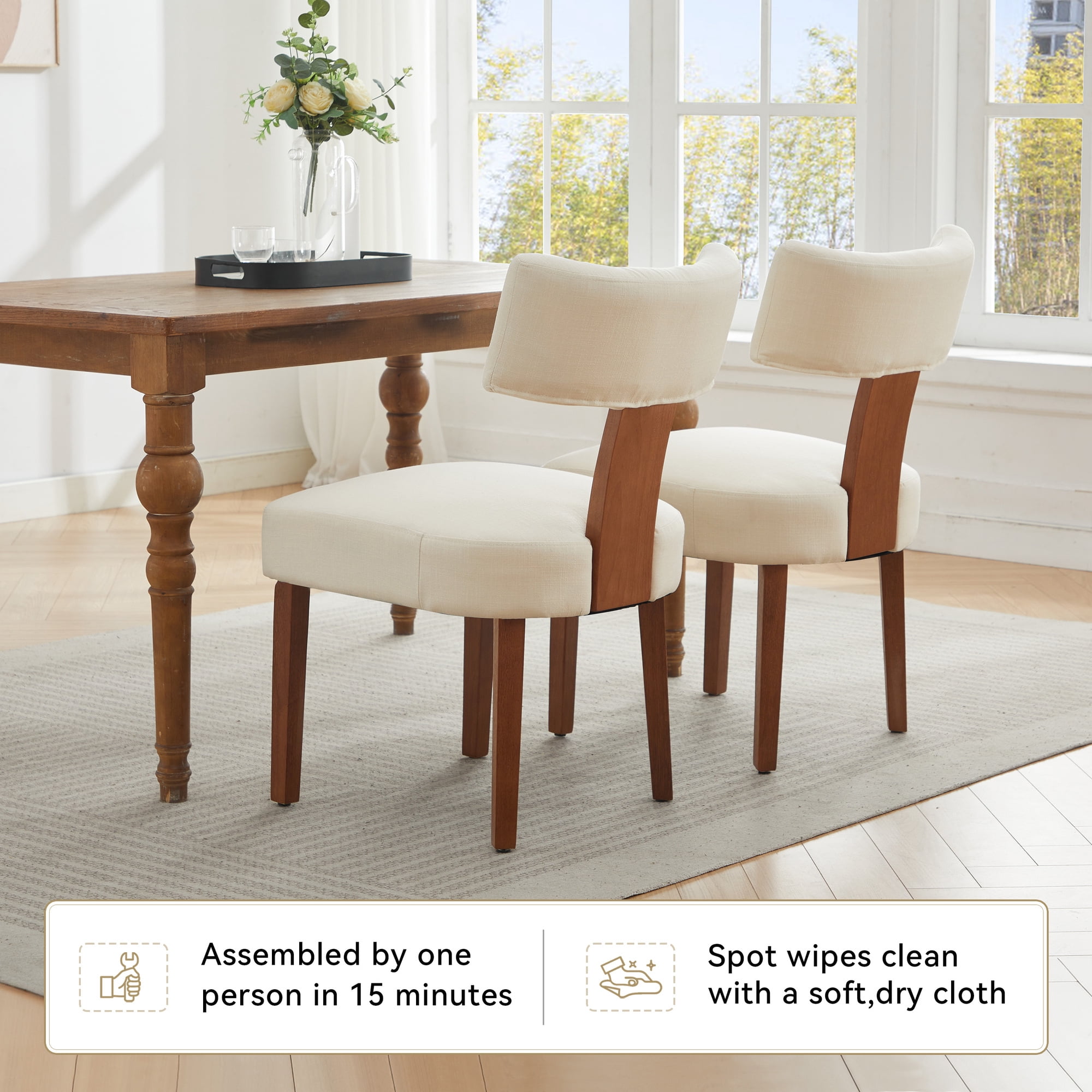 MOONMISS Modern Upholstered Dining Chairs Set of 2 With Curved backrest and Solid Wooden Legs,Beige