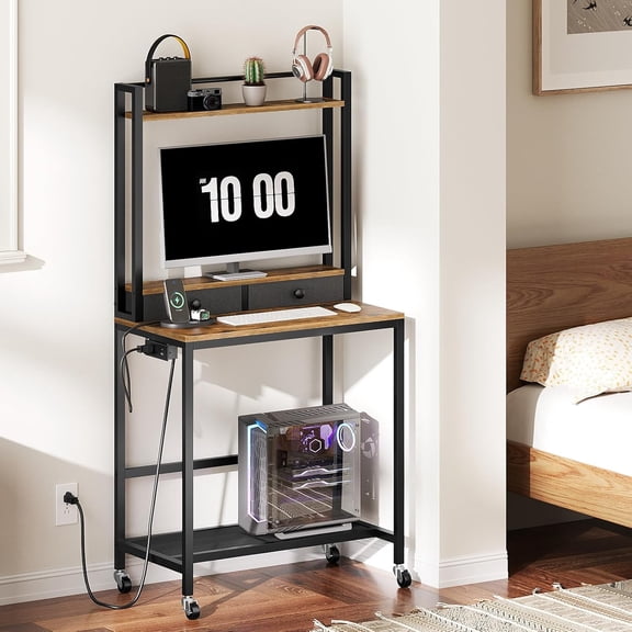 Computer Desk with Hutch and Drawers, Home Office Desk with Power Outlets, Gaming Desk with Monitor Stand and Wheels, Rustic Brown
