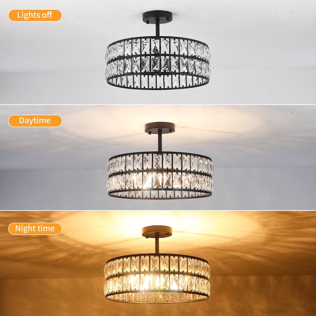 Modern 5-Light Drum Crystal Chandelier, Black Metal Ceiling Light Fixture with K9 Prisms for Dining Room, Living Room & Foyer