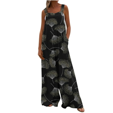 

Dyegold Jumpsuits for Women Casual Rompers for Women Dressy Pocket Summer Fashion Bib Dandelion Print Baggy Loose Square Neck Sleeveless Rompers Pants