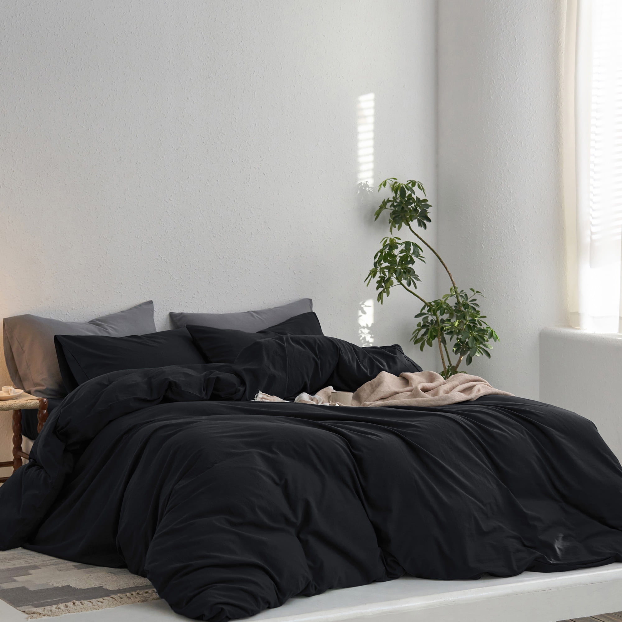 MooMee Duvet Cover Set Queen 100% Washed Cotton Twill Ultra-Soft Breathable Linen Like 3-Piece (Black, 90"x90")
