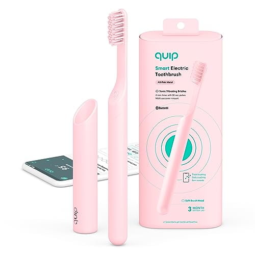 Quip Smart Sonic Toothbrush for Adults - Timed Electric Toothbrush with Bluetooth & Rewards App - Replaceable Brush Head, Soft Bristles, Metal Handle,