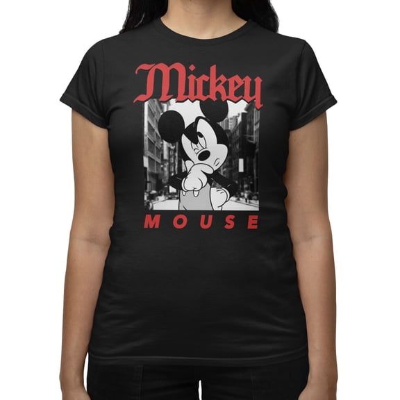 Disney Mickey Mouse Women's Thinking On The Street Photo T-Shirt (Black, S-XXL)