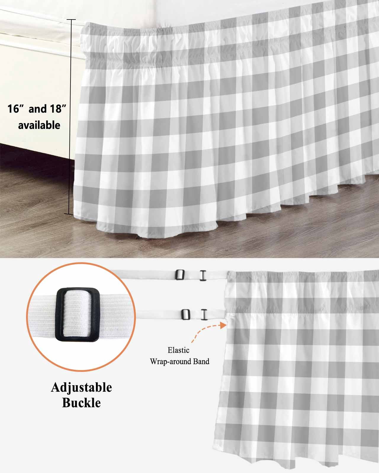 Grey Plaid Wrap Around Bed Skirts for Queen Bed 18" Drop,Bed Skirt with Adjustable Elastic Belt Dust Ruffle Bed Valance for Bedroom Hotel Gradient Geometric Buffalo White Checkered Bed Frame Cover