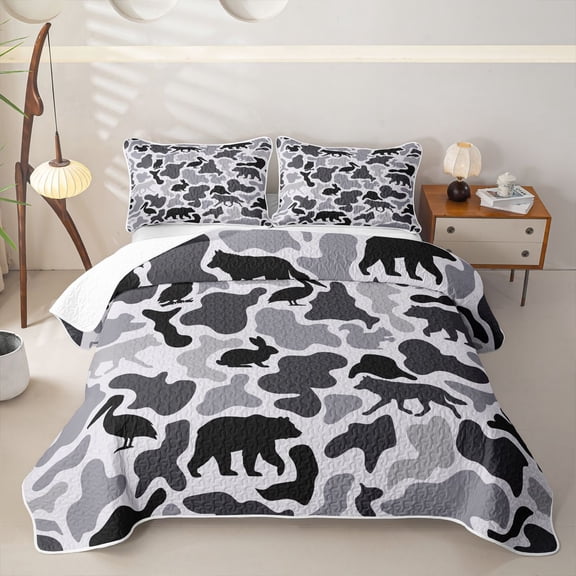 Manfei Retro Camo Twin Quilt Set,Lovely Bear Twin Coverlet Set,White Black,2-Piece