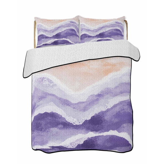 Quilts Twin XL Size, Purple Waves Coastal Soft Comforter Bedding Set for Bed, PurpleOmbre Summer Beach Oceans Lightweight Quilted Bedspread with Pillow Cover(2 Pieces) for All Season, 68x98 Inch