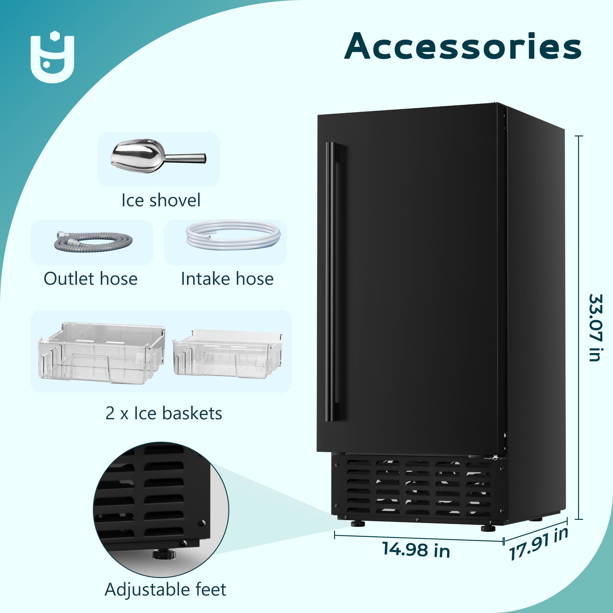 EUHOMY 66lbs Nugget Ice Maker, Under Counter Ice Machine with Auto Clean, Timer, Drainage, Black