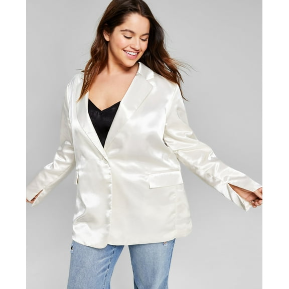 Trendy Plus Size One-Button Satin Blazer Cream 2X