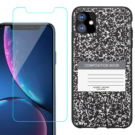 For Apple iPhone 11 Phone Case , Slim-Fit TPU Protective Case (Black), with Tempered Glass Screen Protector, by OneToughShield ® - Composition Book