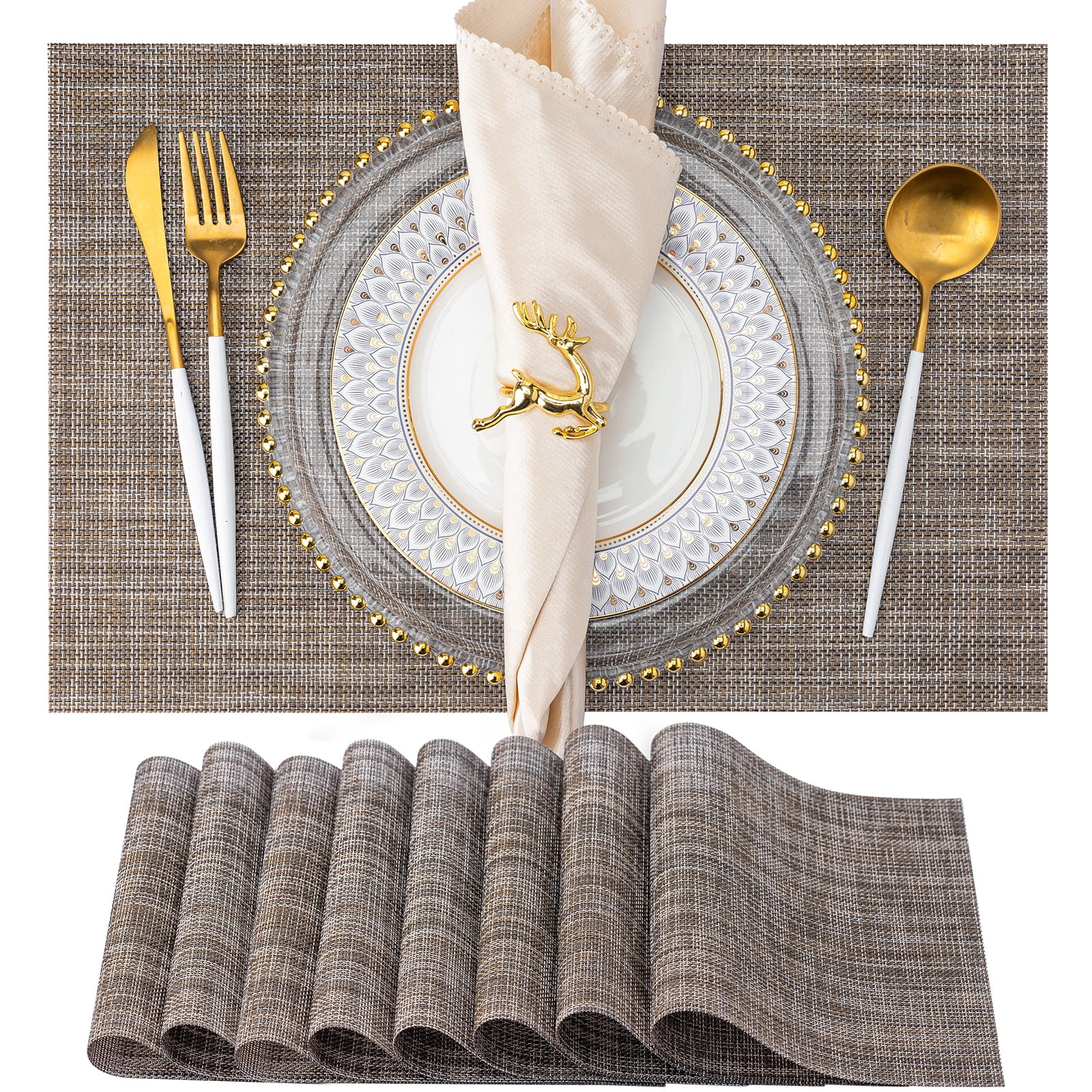 Koncle Placemats Set of 8 Washable Indoor/Outdoor Vinyl Place Mats for