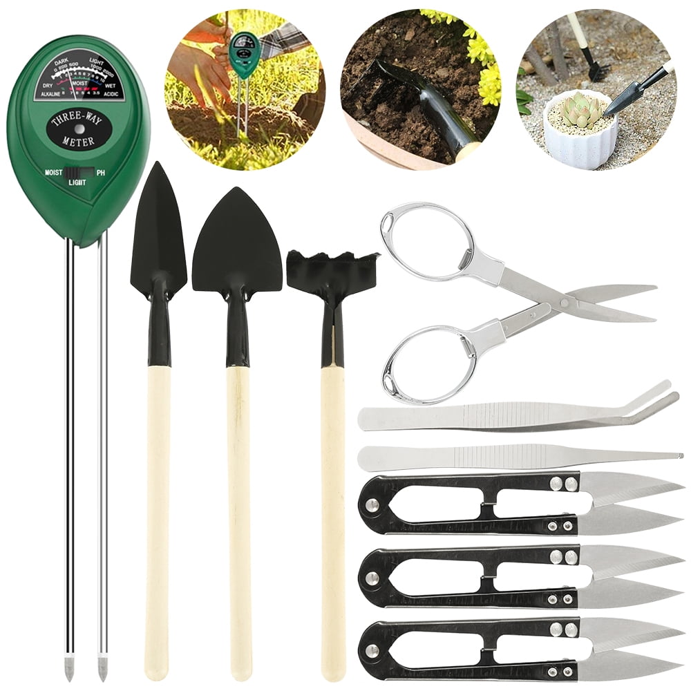 10Pcs Bonsai Tools Kit Soil Meter 3 in 1 Stainless Steel Tweezers. Leaf Trimmer Wide Spade Moisture Sensor/Sunlight/pH Soil Meter for Bonsai Folding Scissor Rake with Spatula Long Spade