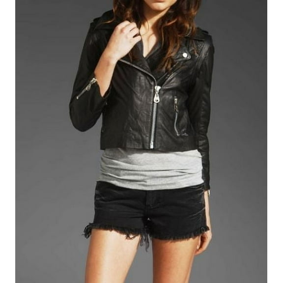 Noora women's black cropped leather jacket with Hoody ST0204