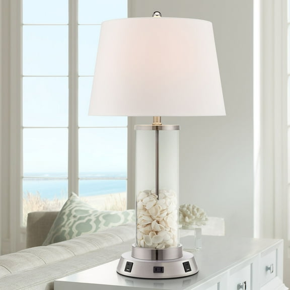 360 Lighting Modern Table Lamp with USB and AC Power Outlet Workstation Charging Base 26.25" High Fillable Clear Glass Drum Shade Living Room