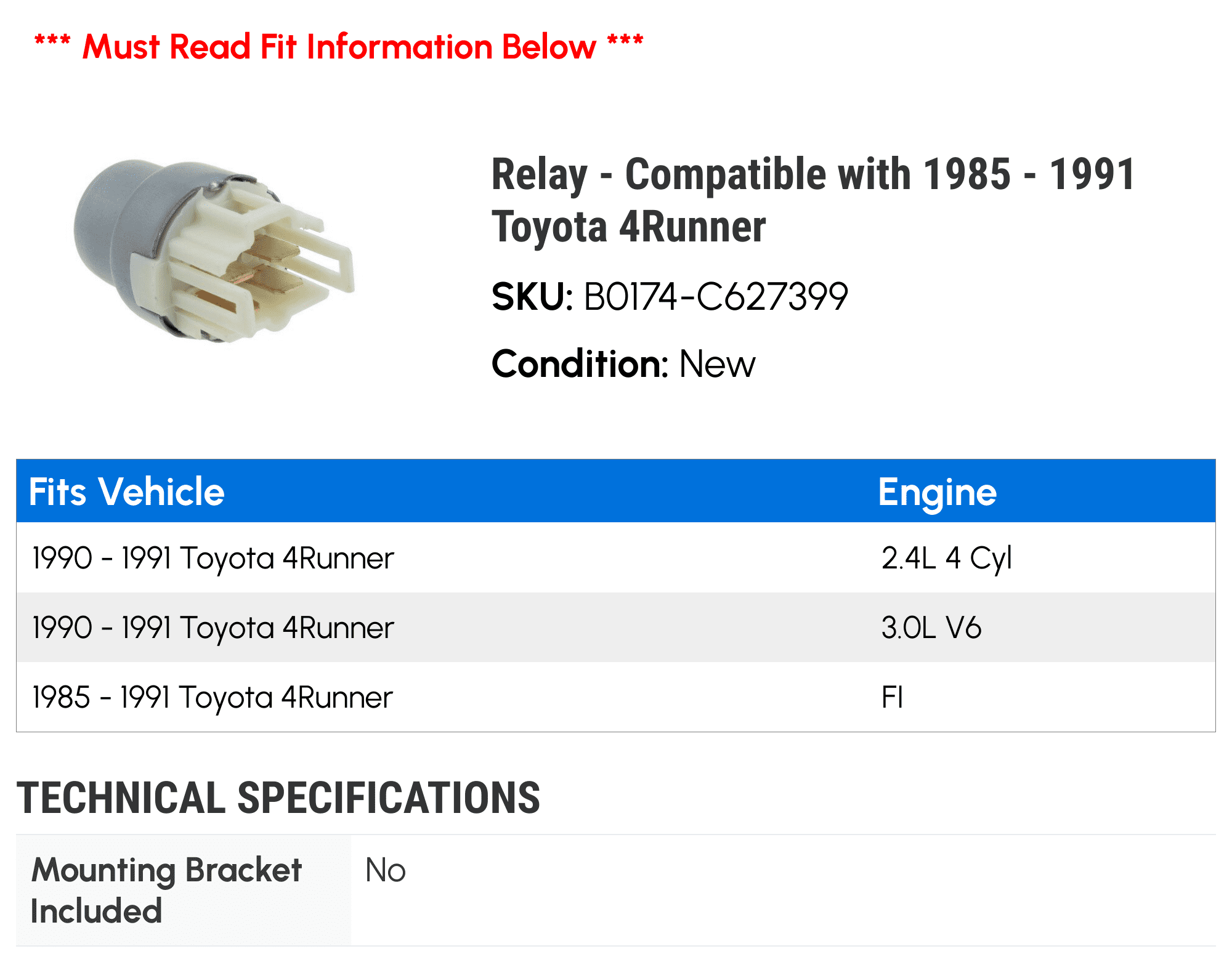 Auxiliary Heater Relay For Toyota 4Runner 2003-2008 - PC-196502 Replacement Part