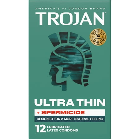 Trojan Ultra Thin Plus Spermicide Latex Lubricated Condoms for Men, 12 Count