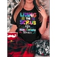 thumbnail image 1 of Geometric Pattern Crew Neck T-Shirt - 1pc Women's Casual with "Living The Scrub Life Healthcare Worker" Print, Polyester Knit Fabric, Medium Stretch, All-Season Comfort, 1 of 5