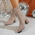 thumbnail image 4 of Xfvqtps Womens Knit Sock Boots Mid Calf Block Heel Booties Pointed Toe Stretchy Fashion Winter Ankle Boots for Casual Comfort Khaki, 4 of 9