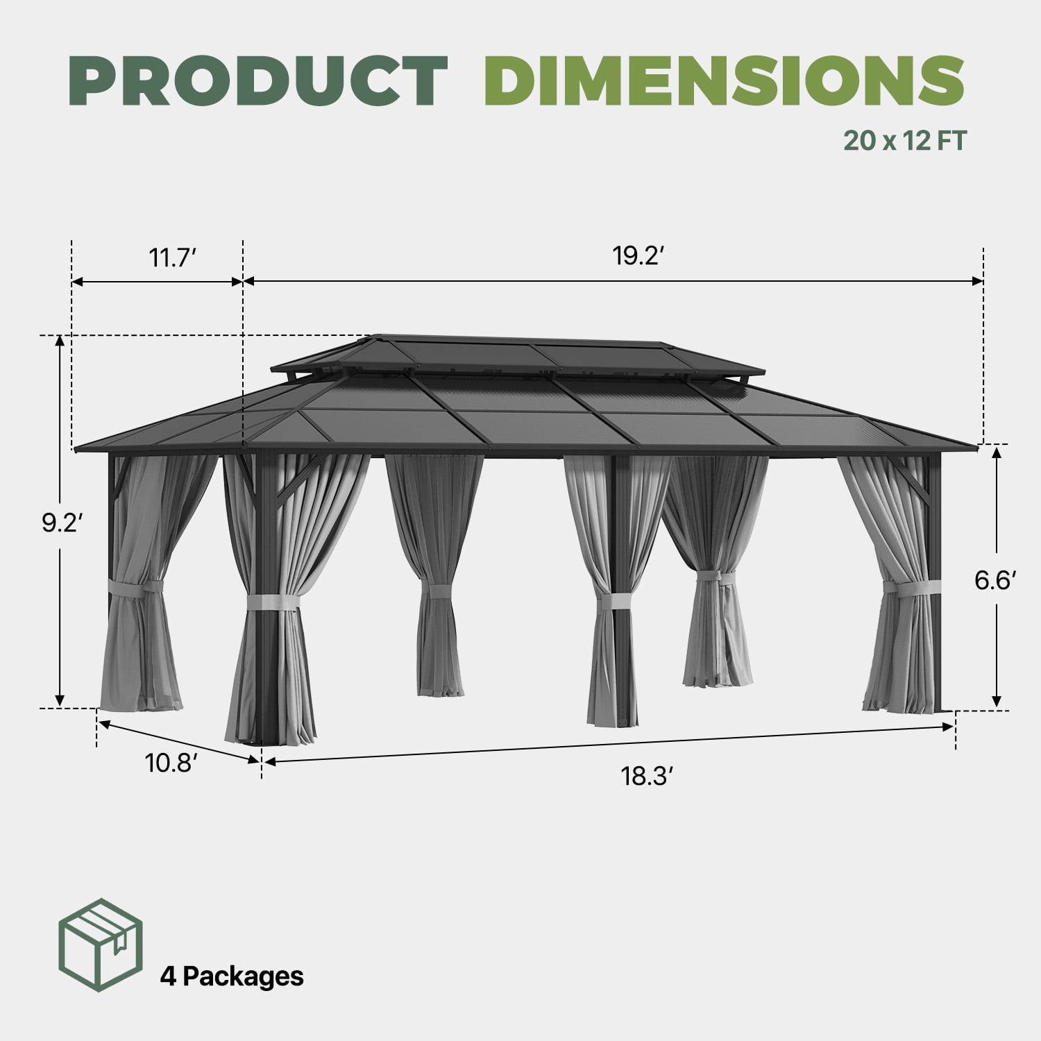 BaPiPro 20x12 FT Outdoor Gazebo, Double Roof Polycarbonate Hardtop, Iron Frame, Black & Gray, UV Protected, Weather Resistant, for Patio Backyard Deck Lawn