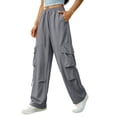 thumbnail image 2 of Utoimkio Women's Drawstring Cargo Wide Leg Pants Elastic High Waist Multi Flap Side Cargo Pockets Solid Light Pink Casual Streetwear Trousers, 2 of 6