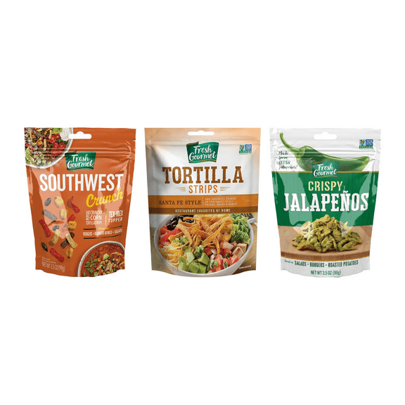 Fresh Gourmet Lightly Salted Tex-Mex Variety, Crispy Jalapeños, Southwest Crunch, Tortilla Strips, 3.5 oz Each (3-Pack)