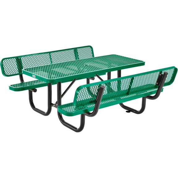 Global Industrial 277630GN 6 ft. Rectangular Outdoor Expanded Metal Picnic Table with Backrests, Green
