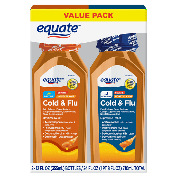 Equate Honey Flavor Daytime and Nighttime Severe Cold and Flu Relief, Liquid Medicine Combo Pack, 12 fl oz, 2 Pack