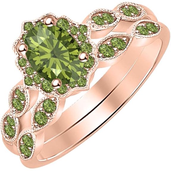 14K Rose Gold-Plated 925 Sterling Silver Oval Shape Green Tourmaline Vintage Style Wedding Engagement Bridal Ring Set For Womens