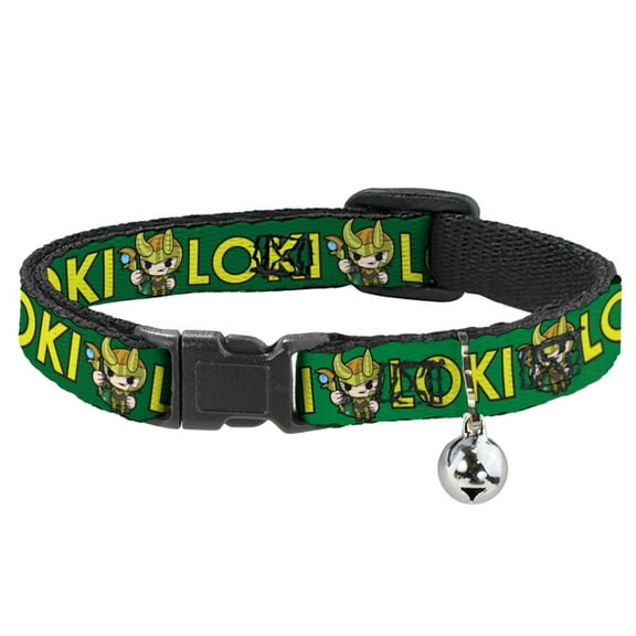Marvel Comics Breakaway Cat Collar With Bell, Plastic Clip, Easy Adjustable, Kawaii Loki Standing Pose Text Green Yellow, 8.5 to 12 Inches 0.5 Inch Wide