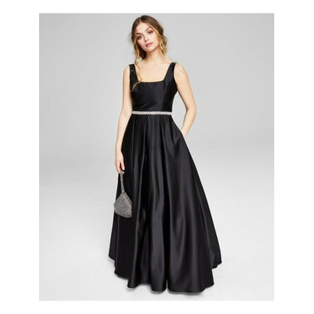 

BLONDIE NITES Womens Black Embellished Zippered Lined Pocketed Sleeveless Square Neck Full-Length Party Gown Dress 9