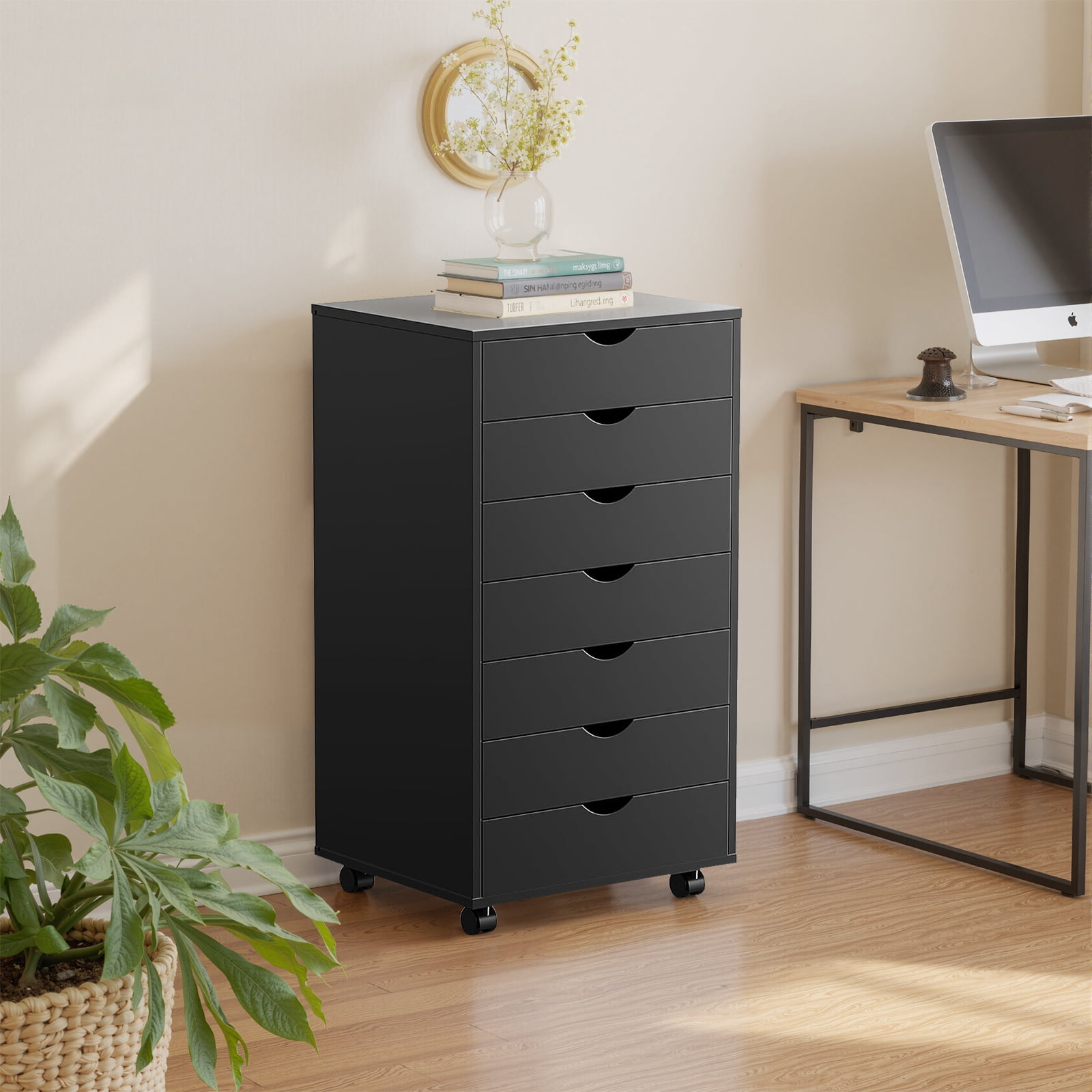 Sybels 7-Drawer Rolling Storage Cart, Mobile File Cabinet & Organizer Dresser with Wheels for Home Office, Wood Chest, Black