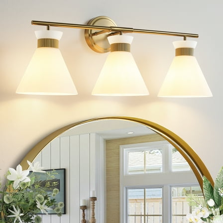 3-Lights Vanity Lights for Bathroom Gold Wall Sconce Lighting with Frosted Milky Glass for Over Mirror Bedroom Hallway