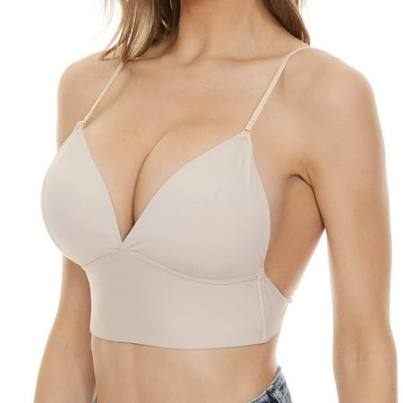 Women s Low Back Bra Wire U Shaped Backless Bra Convertible Spaghetti Strap Seamless Sleeping Bralette Beige Black S