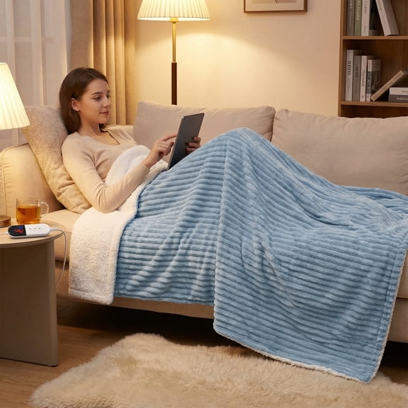 GASKY Heated Blanket 50x60in Ribbed Flannel Electric Blanket with 6 Heat Settings 4H Auto Shut-Off Home Companion Dusty Blue