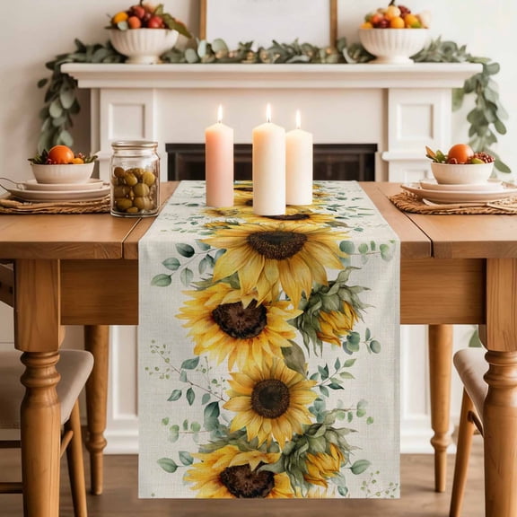 Farm Sunflower Eucalyptus Leaves Table Runner 70 Inches Long,Kitchen Dining Tablerunners Rustic Plants Retro Linen Table Runners Dresser Scarves for Home Dinner Wedding Holiday Party Decor