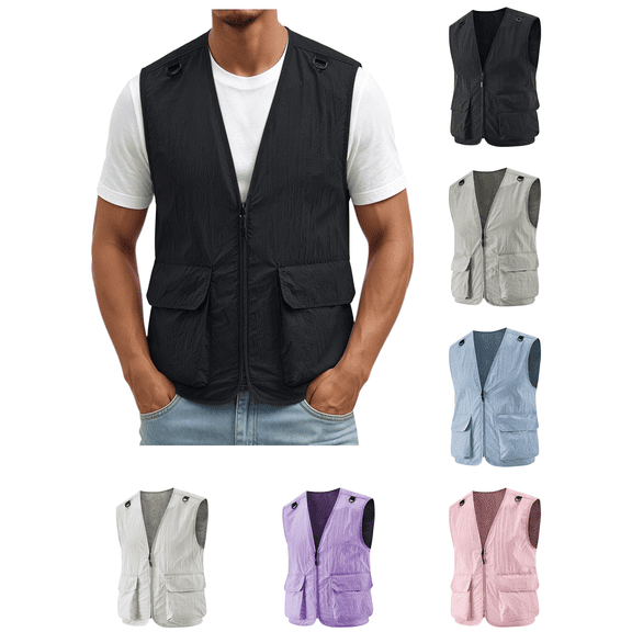 Atkumj Plus Size Men's Vest Casual Solid Color Zip Up Travel Vest with Flap Pockets Comfortable Stylish Drawstring Hem Sleeveless Outerwear S