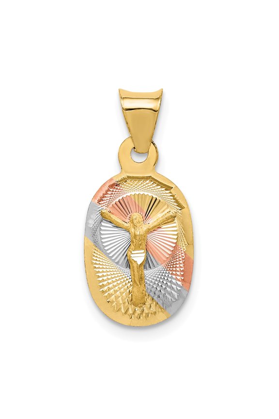 14k & Rhodium Polished & D/C CORPUS Oval Pendant in 14k Yellow Gold w/ Rhodium Plating