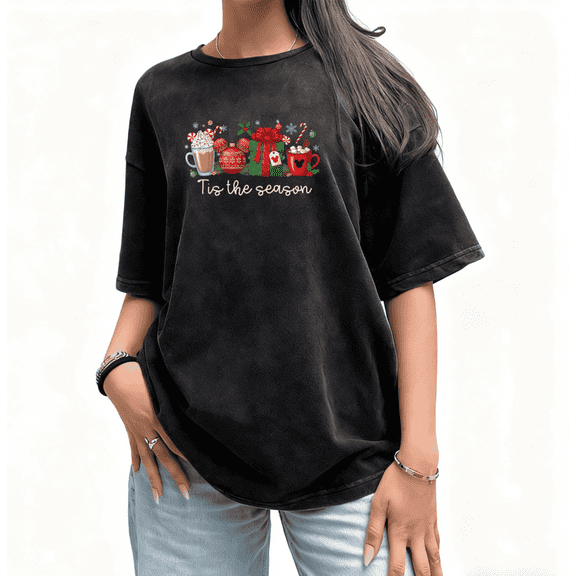 Tis The Season Mickey Christmas Graphic Tee T-Shirt Top Print Washed Short Sleeve Round Neck Black S-2XL Plus Size