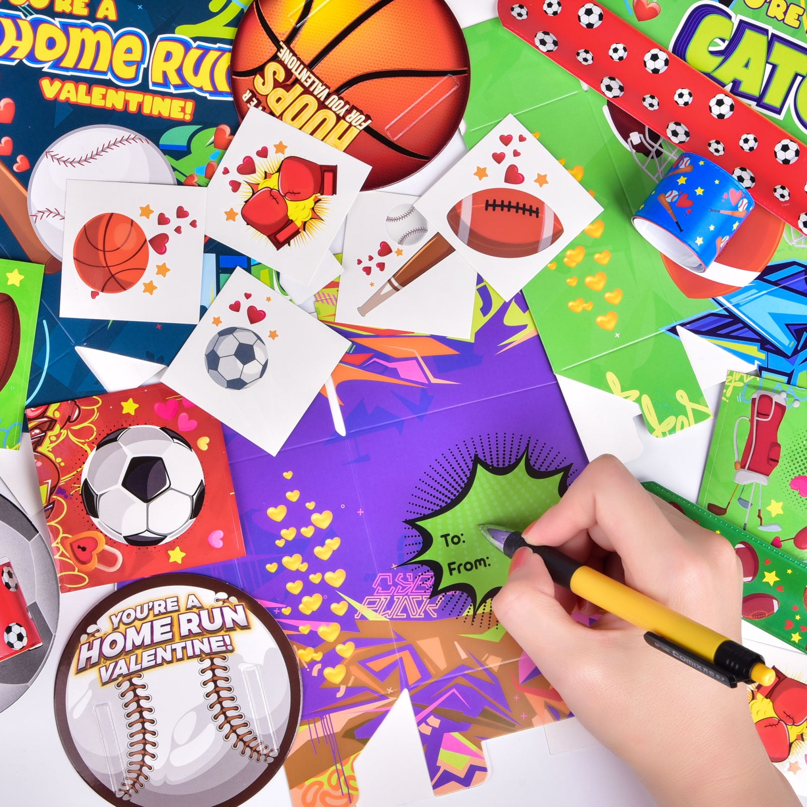 180 Pcs Valentines Day Cards with Slap Bracelets and Stickers with Heart Boxes for Kids, Classroom Valentines Party Favors for Kids, 6 Sports Elements Valentine Exchange Cards for Students