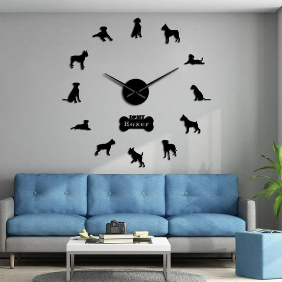 German Boxer Dog Contemporary Oversized Wall Clocks DIY Big Needle Time Clock Frameless Deutscher Boxer Large Wall Art Decoration(Black,27inch)