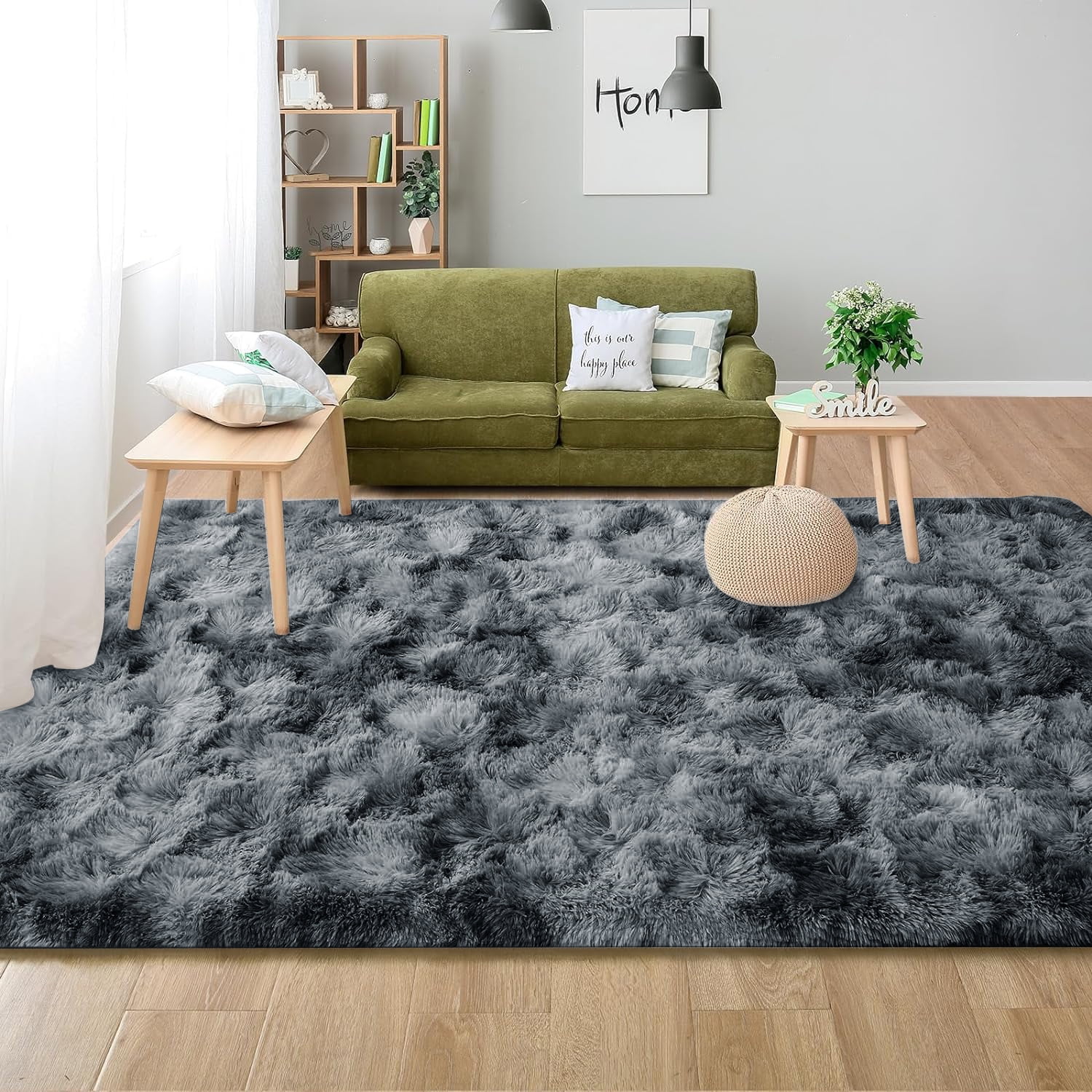 Debonair Super Soft Shaggy Rugs Fluffy Carpets 5x8 Feet Indoor Modern Plush Area Rugs for Living Room Bedroom Home Decor Upgrade Anti-Skid Rectangular Fuzzy Rug, Dark Grey